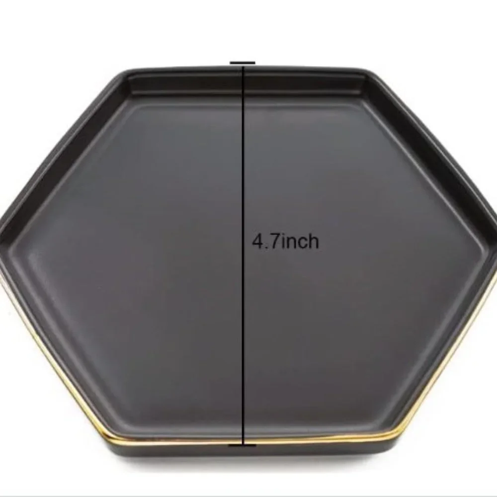 Hexagonal Ceramic Jewelry Tray - Small Rings & Earrings Dish - Key Tray (Black)